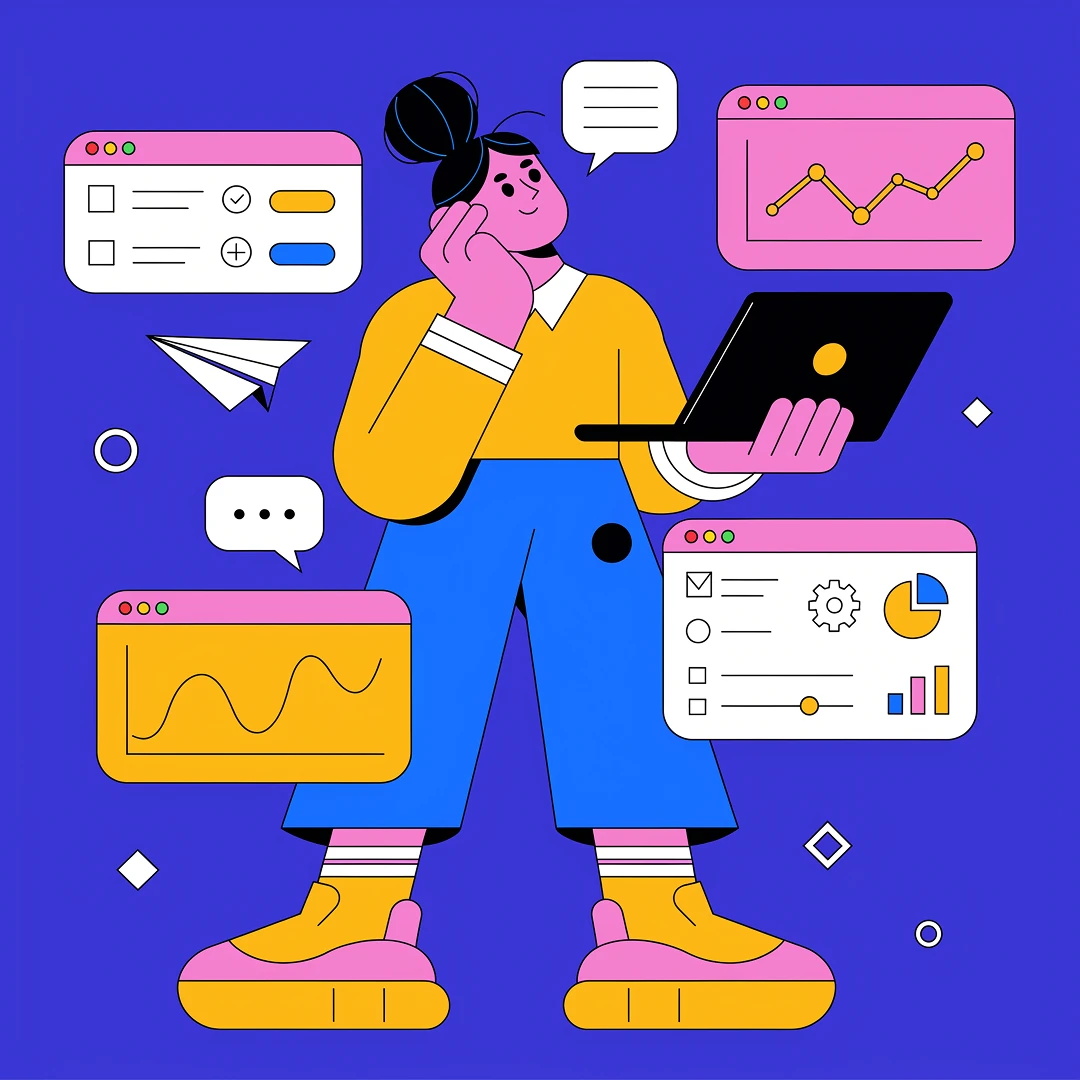 Векторная иллюстрация человека с ноутбуком и интерфейсными карточками